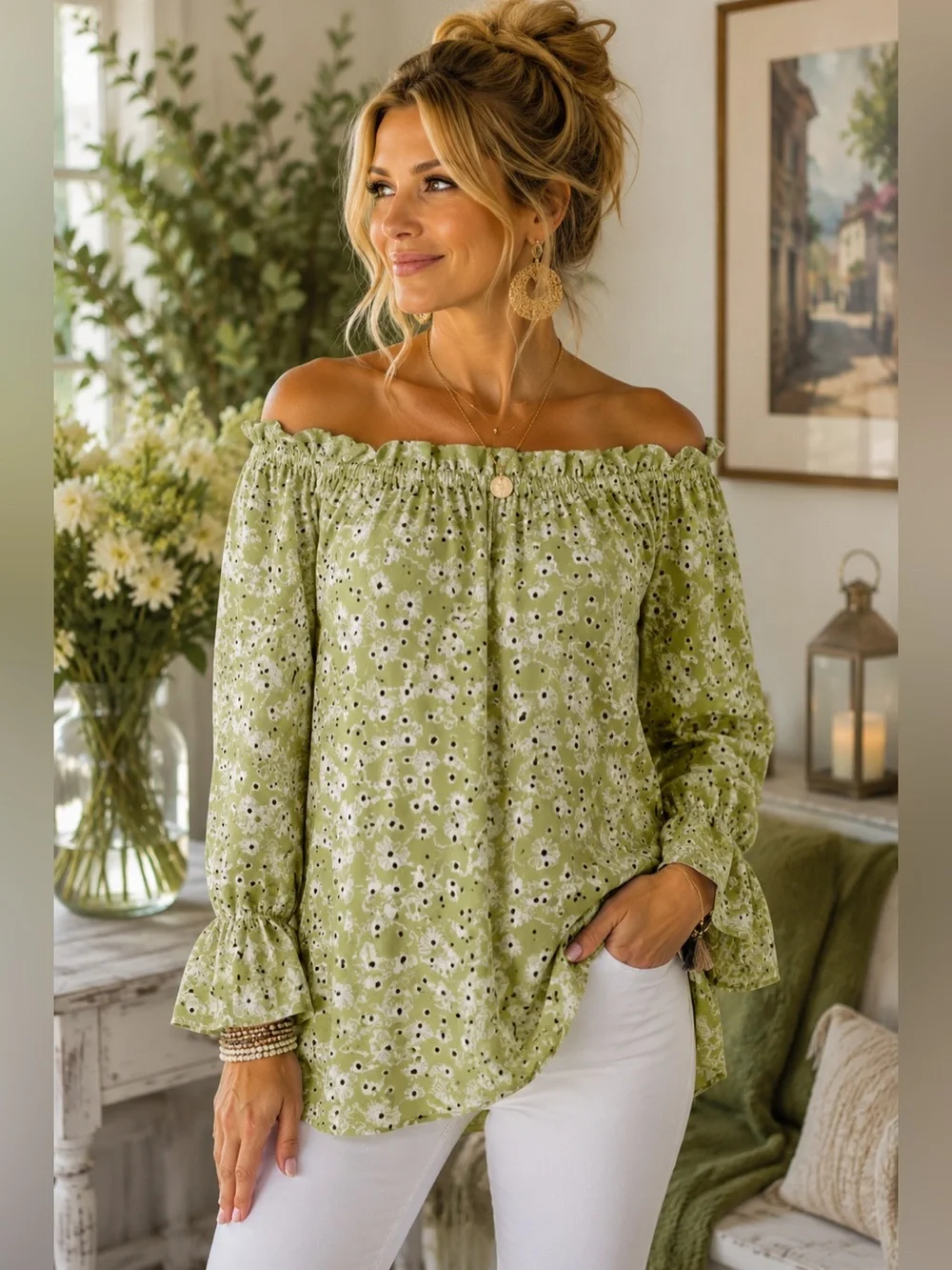 Hester & Orchard NY Sage Green Eyelet Off Shoulder Blouse L Boho Peasant Top